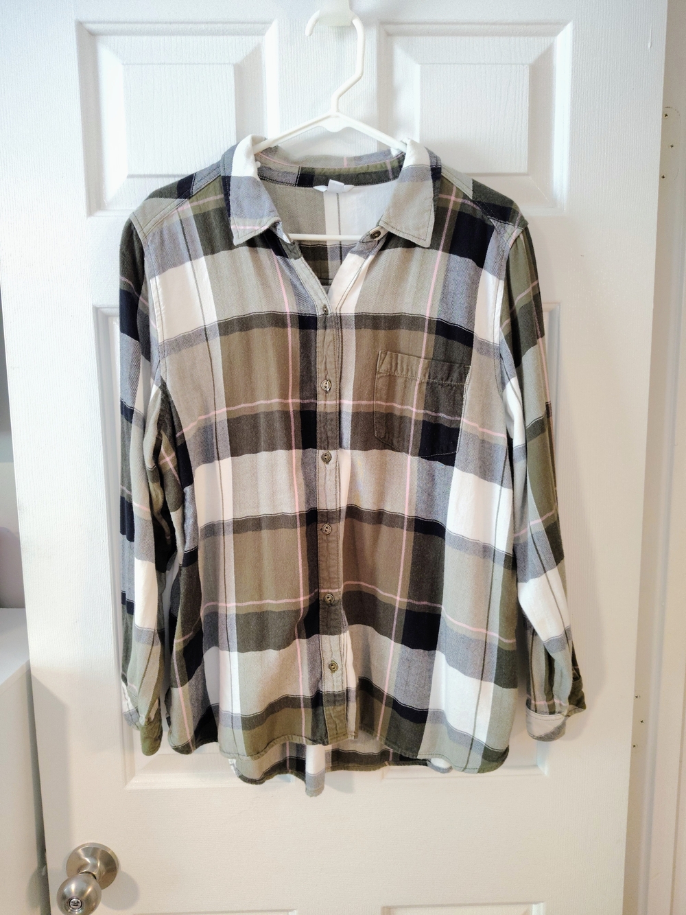 Sonoma Olive, Black, White And Pink Plaid Button-Up Shirt